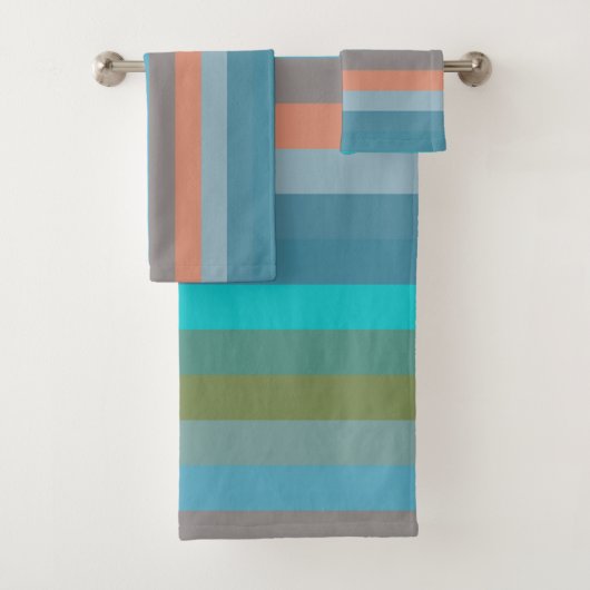 Turquoise, Olive, Coral, Blue, Taupe Stripes バスタオルセット (インサイチュ)