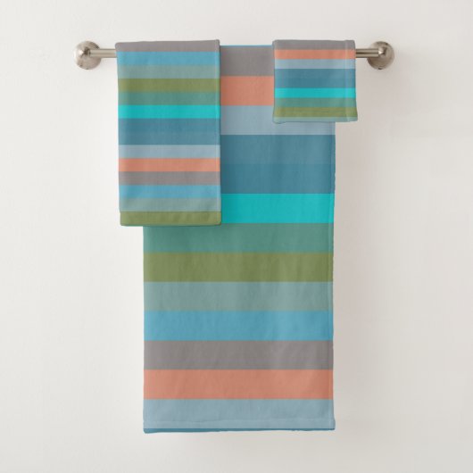 Turquoise, Olive, Coral, Blue, Taupe Stripes バスタオルセット (インサイチュ)