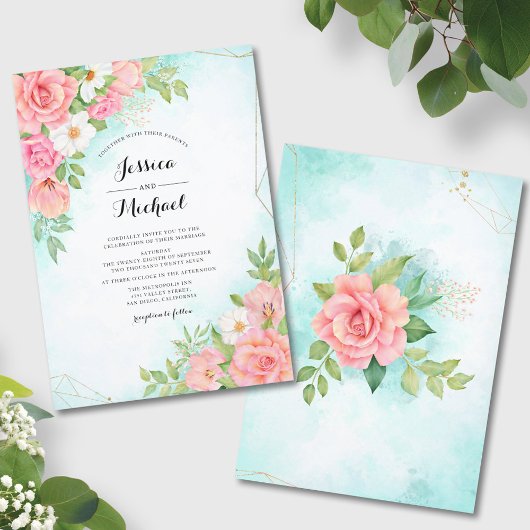 Turquoise Ombre Floral Watercolor Rose Wedding 招待状