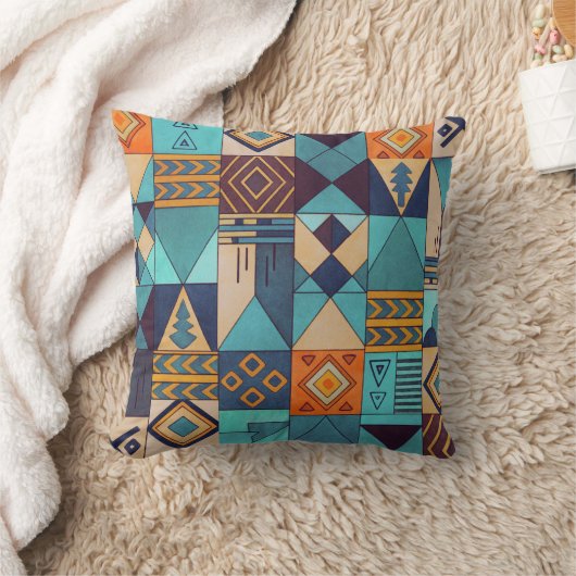 Turquoise & Orange Patchwork Tote クッション (ブランケット)