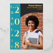 Turquoise Photo Graduation Gold Foil Announcement 箔招待状 (正面)