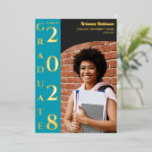 Turquoise Photo Graduation Gold Foil Announcement 箔招待状 (立ち正面)