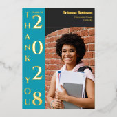 Turquoise Photo Modern Graduation Thank You Gold 箔シーズンカード (正面)