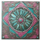 Turquoise & Pink Boho Mosaic Mandala Artwork タイル (正面)