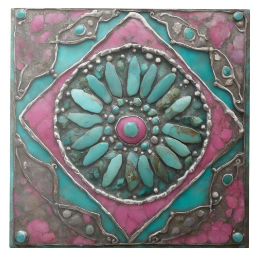 Turquoise & Pink Boho Mosaic Mandala Artwork タイル (正面)