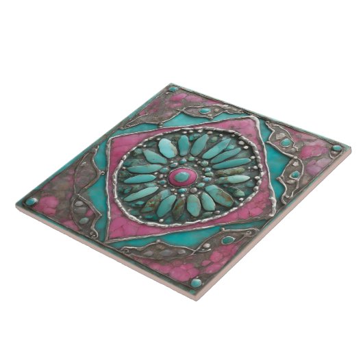 Turquoise & Pink Boho Mosaic Mandala Artwork タイル (側面)