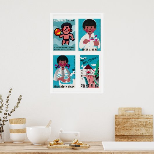 Turquoise & Pink Matchbox Labels Grid Print ポスター (キッチン)