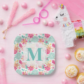 Turquoise Pink Painted Floral monogram Napkins ペーパープレート (パーティー)