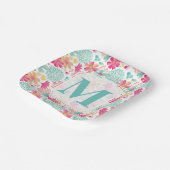 Turquoise Pink Painted Floral monogram Napkins ペーパープレート (傾斜あり)