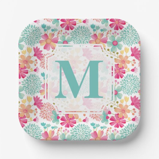 Turquoise Pink Painted Floral monogram Napkins ペーパープレート (正面)