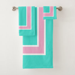 Turquoise Pink White Block Pattern バスタオルセット