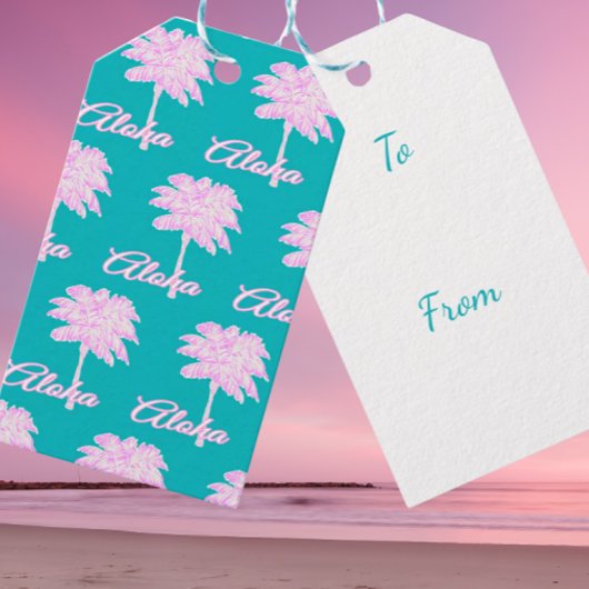 Turquoise Pink White Palm Aloha Tropical  ギフトタグ
