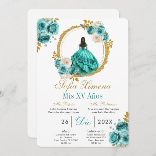 Turquoise Quinceañera Invitation 招待状 (正面/裏面)