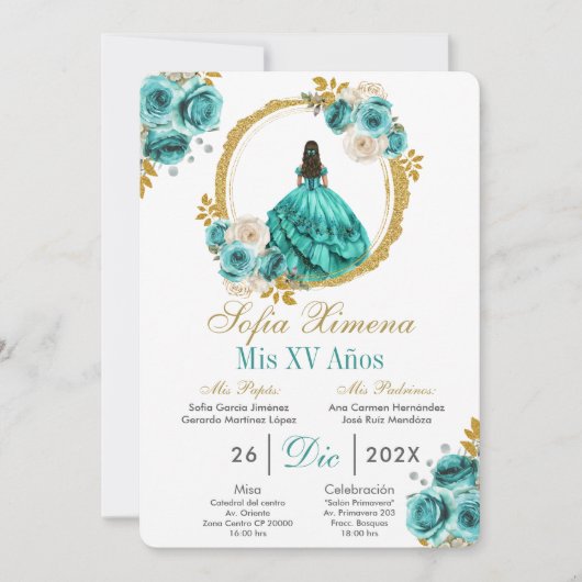 Turquoise Quinceañera Invitation 招待状 (正面)