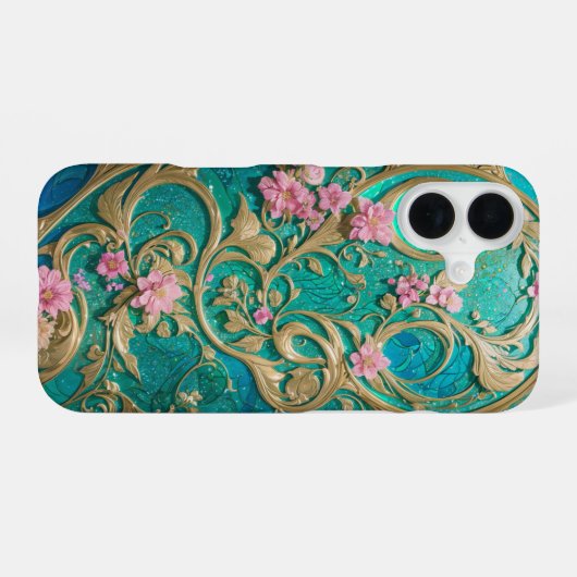 Turquoise Rococo Floral Phone Case iPhone 16ケース (裏面横)