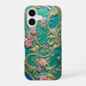 Turquoise Rococo Floral Phone Case iPhone 16ケース (裏面)