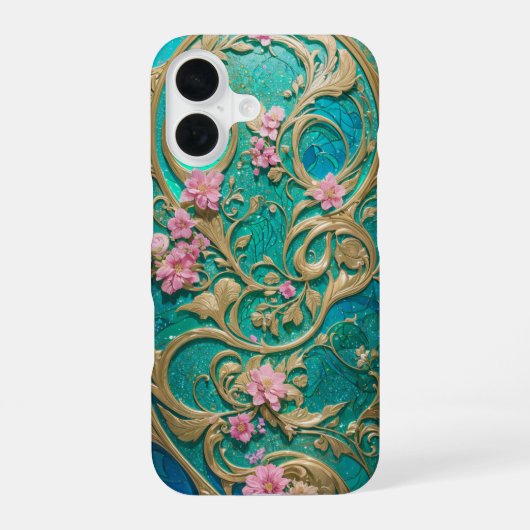 Turquoise Rococo Floral Phone Case iPhone 16ケース (裏面)
