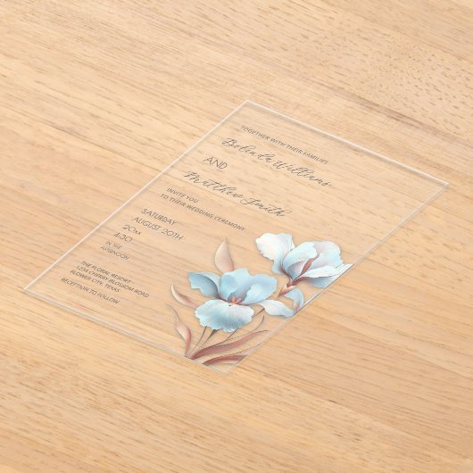 Turquoise Rose Gold 3D Flowers White アクリル招待状 (レイダウン)