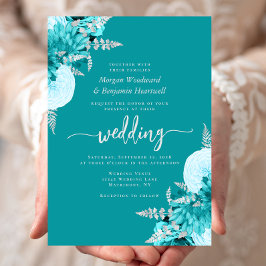 Turquoise Silver Floral Wedding 招待状