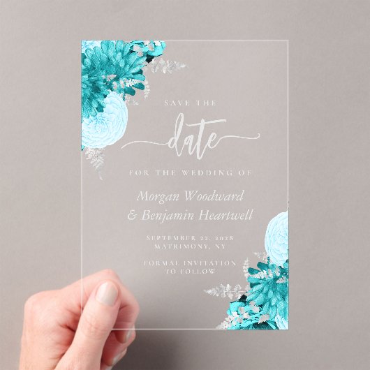 Turquoise Silver Floral Wedding Save the Date アクリル招待状 (インサイチュ (ポータブル))