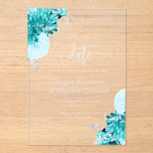 Turquoise Silver Floral Wedding Save the Date アクリル招待状 (正面)
