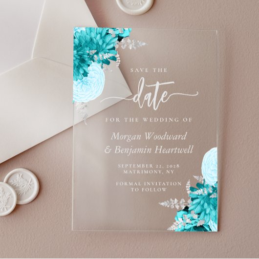 Turquoise Silver Floral Wedding Save the Date アクリル招待状