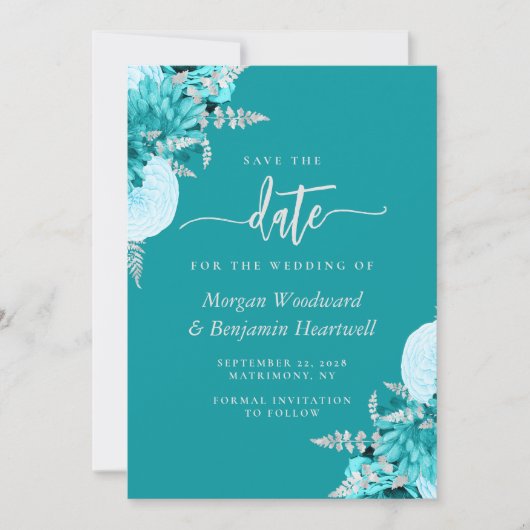 Turquoise Silver Floral Wedding Save the Date 招待状 (正面)