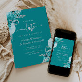 Turquoise Silver Floral Wedding Save the Date 招待状