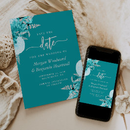Turquoise Silver Floral Wedding Save the Date 招待状