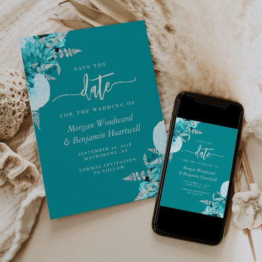 Turquoise Silver Floral Wedding Save the Date 招待状