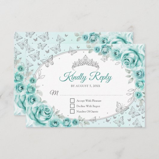 Turquoise Silver Quinceanera Reply 出欠カード (正面/裏面)