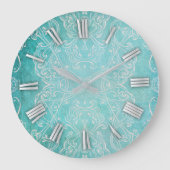 Turquoise Teal Classic Baroque Elegant Distressed  ラージ壁時計 (正面)