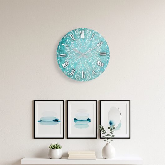 Turquoise Teal Classic Baroque Elegant Distressed  ラージ壁時計