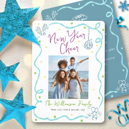 Turquoise Teal New Year Cheer Photo Hand Drawn Fun シーズンカード
