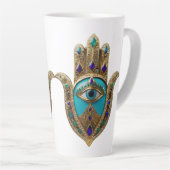Turquoise Third Eye Hamsa カフェラテマグ (右アングル)