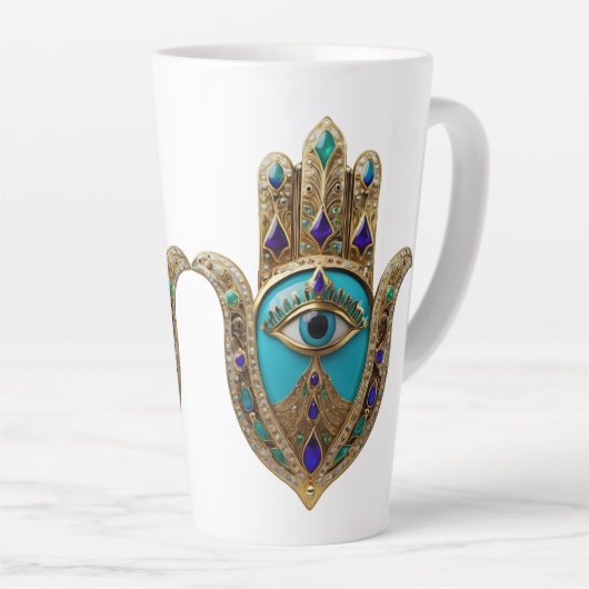 Turquoise Third Eye Hamsa カフェラテマグ (右アングル)