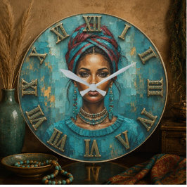 Turquoise Tribal Woman Bohemian Portrait Art ラージ壁時計