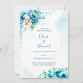  Turquoise Watercolor Floral Wedding Invitation 招待状 (正面)