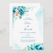  Turquoise Watercolor Floral Wedding Invitation 招待状 (正面/裏面)
