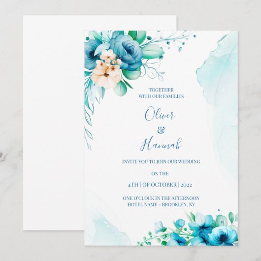  Turquoise Watercolor Floral Wedding Invitation 招待状 (正面/裏面)
