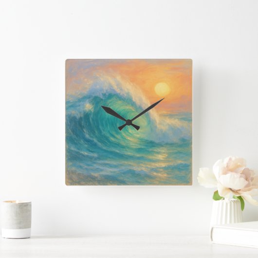 Turquoise Wave - Pastel Painting Style Art スクエア壁時計 (ホーム)
