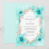 Turquoise Whimsical Botanical Winter Wedding 招待状 (正面/裏面)