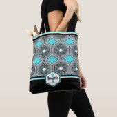 Turquoise, White & Black Tribal Tapestry トートバッグ (クローズアップ)