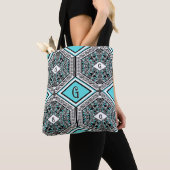 Turquoise, White & Black Tribal Tapestry Tote トートバッグ (クローズアップ)