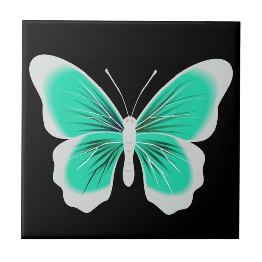 Turquoise white butterfly black background タイル (正面)