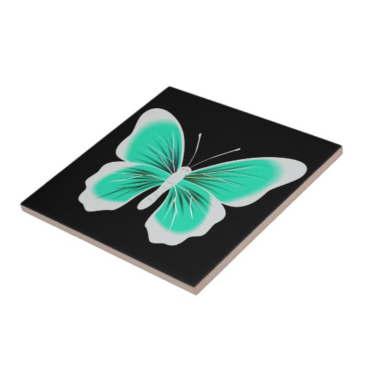 Turquoise white butterfly black background タイル (側面)
