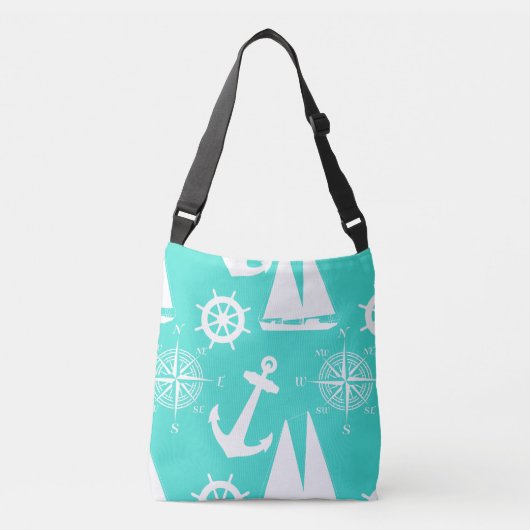 Turquoise White Nautical Coastal Boating クロスボディバッグ (正面)