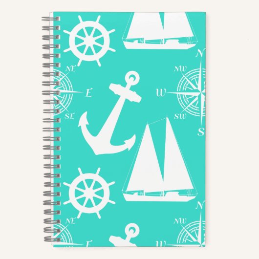 Turquoise White Nautical Coastal Boating ノートブック (正面)
