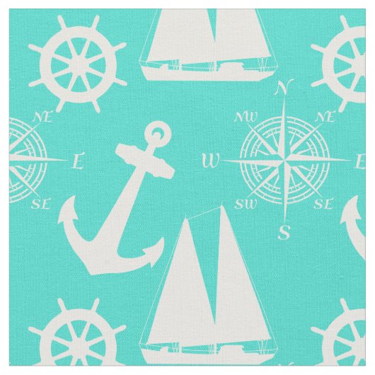 Turquoise White Nautical Coastal Boating ファブリック (クローズアップ)