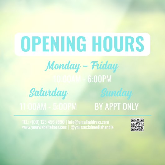 Turquoise White Retro Script QR Code Opening Hours ウィンドウサイン (シート3)